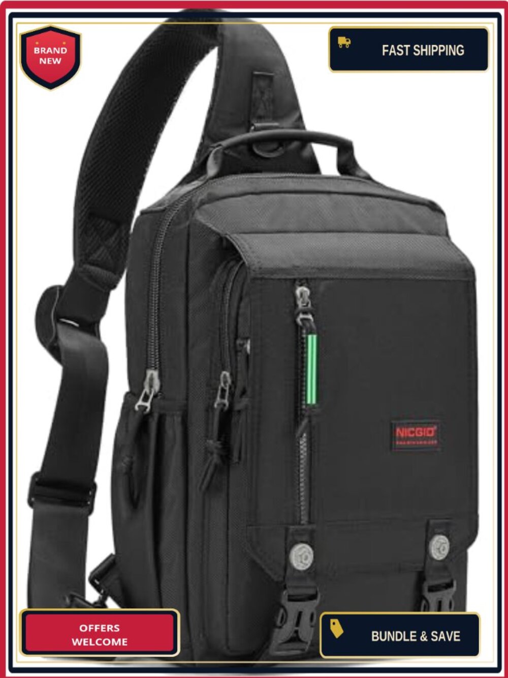 Water-Resistant Nylon Sling Chest Backpack for 14.1" Laptop Travel Commute